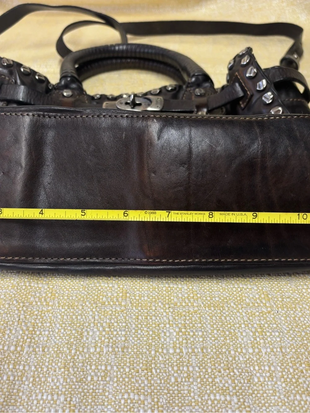 Giorgio Brato Dark Brown Leather Stud-Accent Shoulder Bag with Turn-Lock - Picture 9 of 10
